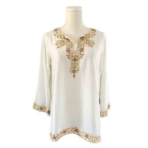 Color+ Renaissance Kurti Top Womens Size M White V-Neck Flare Sleeve Embroidered